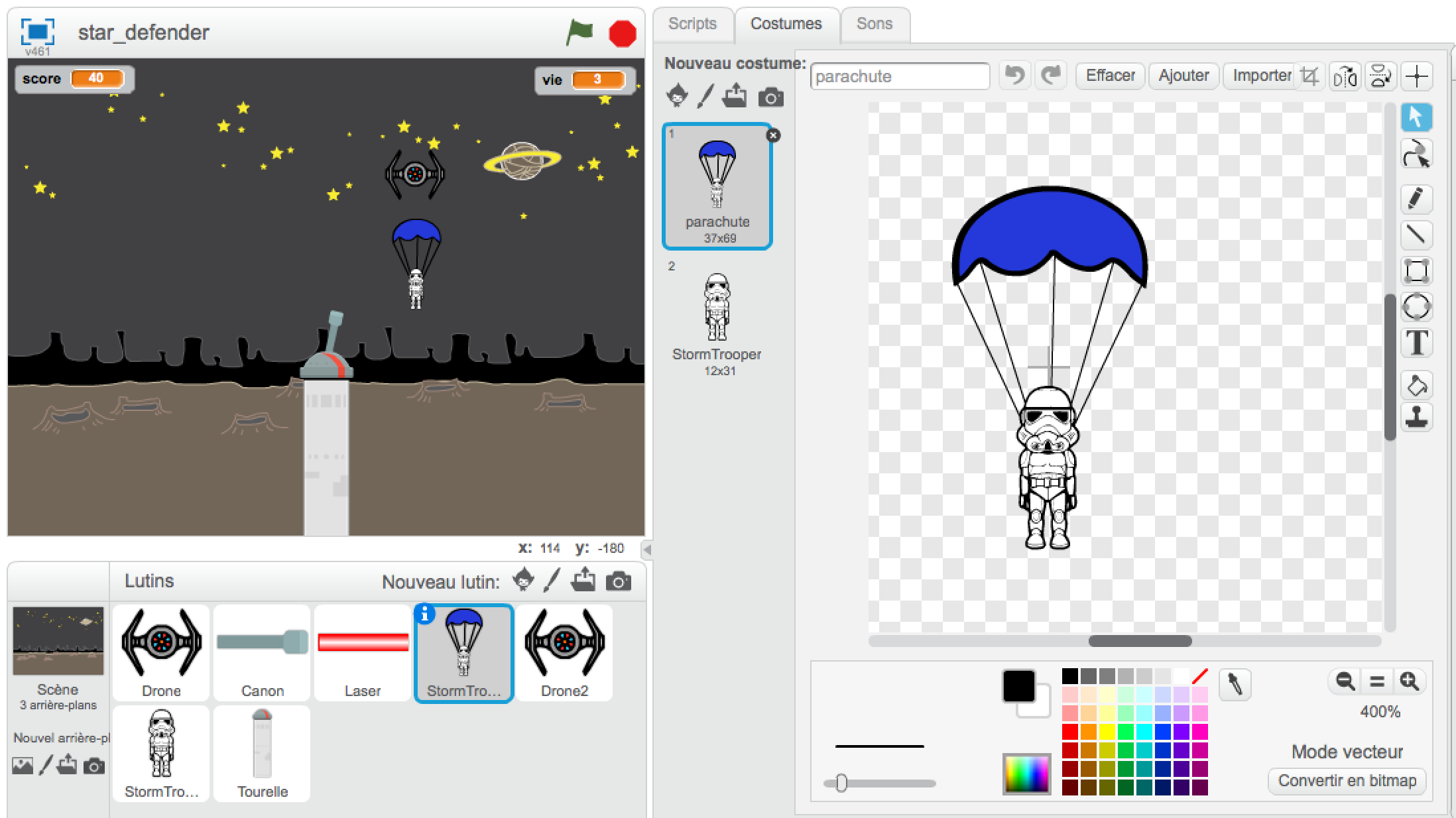 Scratch jeu Paratroopers interface dessin