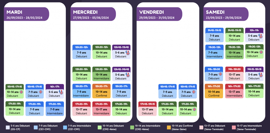 Planning ateliers hebdos 2023-2024 Paris 15ème