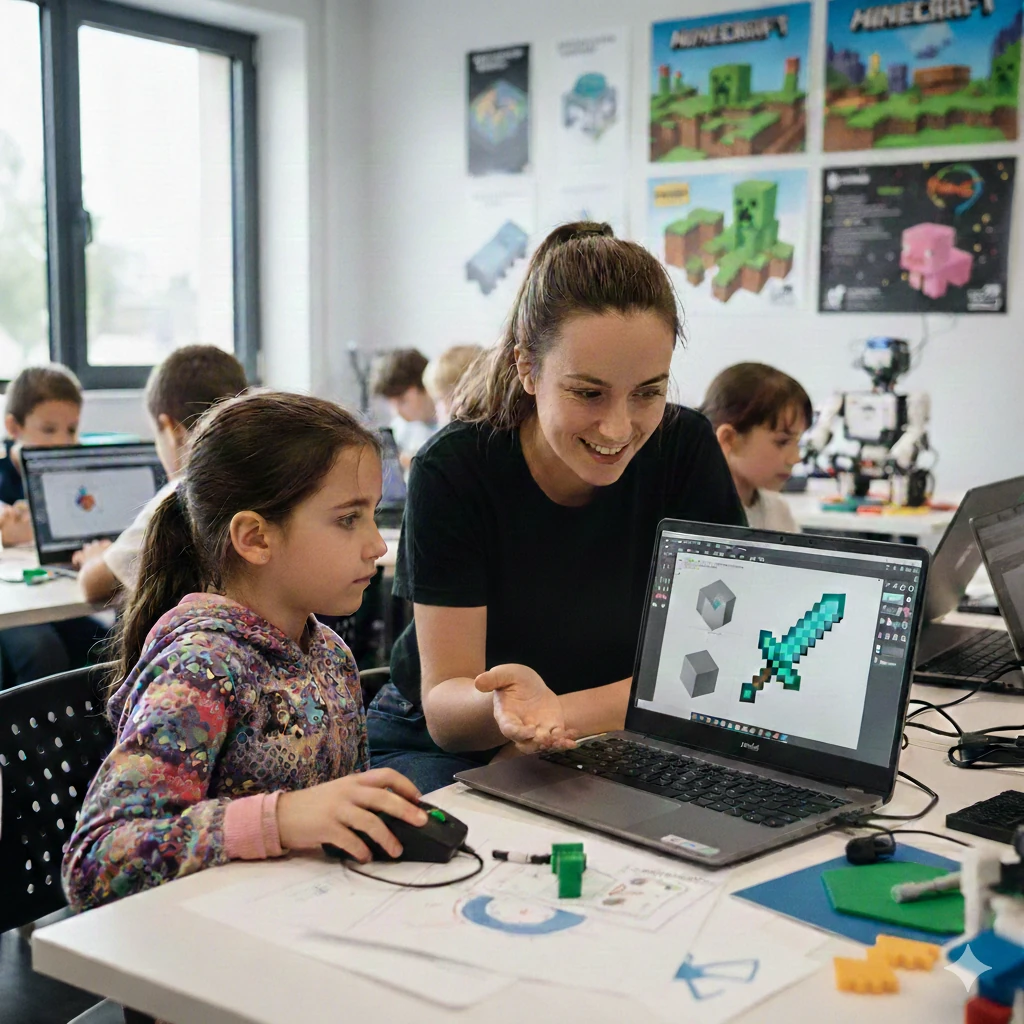 Petite fille TDAH avec une animatrice bienveillante lors d'un atelier modélisation 3D